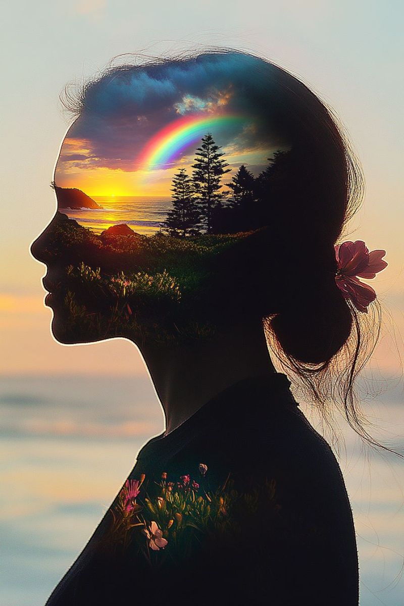 Sunset sunrise head profiling obscured woman against backdrop profile human set digital art or illustration that features a stylized, artistic depiction of a woman's face and profile. The woman appears to be looking towards the horizon with her gaze meeting the viewer's, creating an intimate connection between the depicted figure and the viewer. She has her eyes closed, suggesting a moment of contemplation or appreciation for nature. The background consists of a vibrant sunset or sunrise in the distance, with hues of pink, orange, and yellow blending into each other. The silhouette of trees and what appears to be a beach scene can be seen in the sky, adding depth and context to the setting. A rainbow arc is also present in the sky, further enhancing the serene and picturesque atmosphere. The image has an overlay that resembles a digital art style with a grid pattern at its bottom. This pattern gives the impression of a digital painting or drawing, which contributes to the overall artistic feel of the piece. There are no visible texts in the image, keeping the focus solely on the artwork and the emotions it might evoke. The combination of the woman's silhouette, the natural landscape, and the artistic touch creates a harmonious blend of nature, emotion, and creativity.