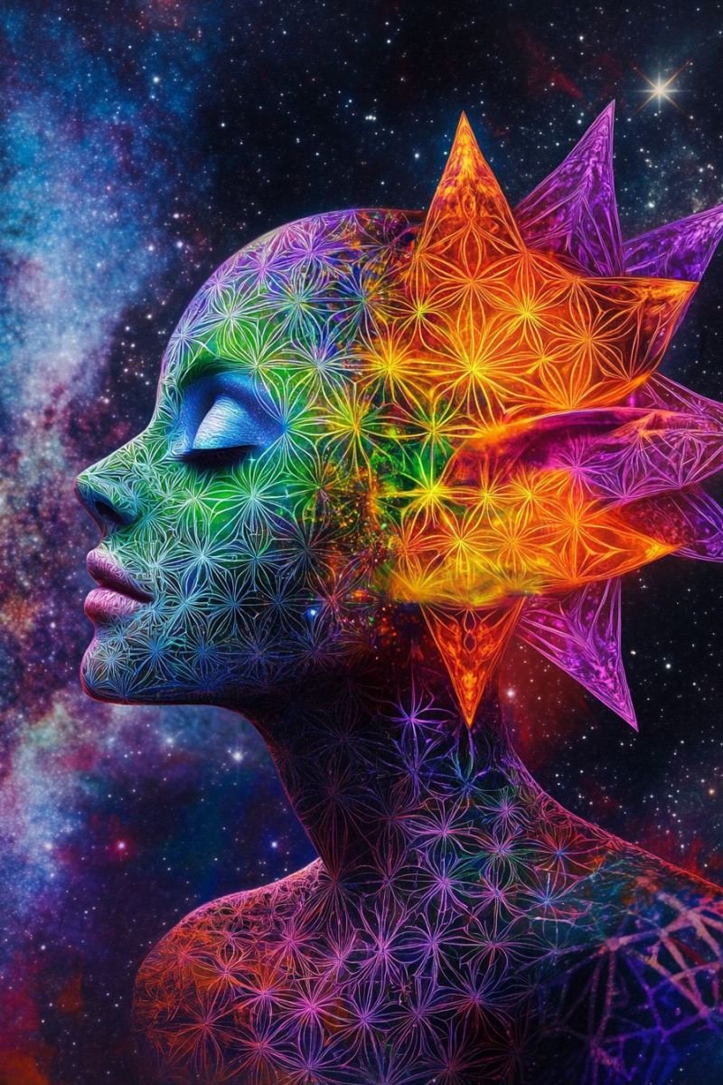 Psychedelic space cosmic colorful head brain mind consciousness universe nebula star galaxy poster graphic design surreal fantasy stylized, artistic representation of a humanoid figure with a colorful, mosaic-like appearance. This figure has a face with a detailed pattern, including what appears to be various shapes, colors, and possibly elements of nature, such as leaves and flowers, interspersed in the design. The figure is wearing headgear that resembles a helmet or headband decorated with vibrant patterns and shapes. The headgear also features an eye-like opening on the front