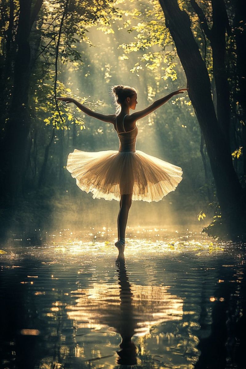 Ballerina tulle tutu pointe shoe stage lighting motion forest setting sunlight filtering through tree dance expression female dan person in the foreground, mid-dance with arms outstretched, standing in a shallow body of water. The individual is wearing a white tutu and ballet flats, suggesting that they are performing a dance pose. The background features blurred trees and an overcast sky, indicating that the setting might be on the edge of a forest or wooded area during daylight hours. There's a soft focus effect on the leaves, giving them a misty appearance. The lighting suggests it could be early morning or late afternoon, with rays of sunlight filtering through the trees. The overall impression is one of grace and serenity, possibly meant to convey a sense of freedom and harmony with nature.