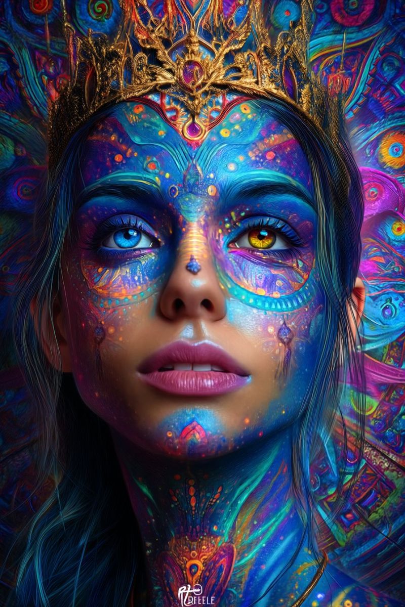 Woman crown painting colorful fantasy imagination creative beauty eyes lips hair jewelry accessories fashion A woman with long, wavy hair is adorned with vibrant, colorful body paint covering her face, neck, and shoulders. Her face features intricate designs around her eyes, a striking blue and yellow eye makeup, and a golden crown with peacock feather motifs. Her lips are painted in a soft pink, and her eyes are a mix of blue and yellow. The background is a blend of abstract, colorful patterns, including peacock feathers and swirling designs. The image has a watermark in the bottom right corner with the text 