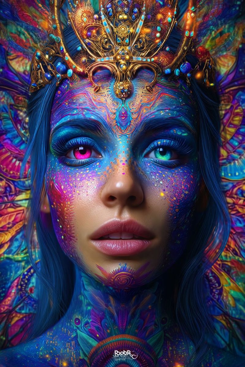 Woman painting fantasy colorful makeup crown jewelry jewel gemstone hair hairstyle hairpiece accessories ornament A woman with long, wavy blue hair is adorned with vibrant, colorful body paint and a golden crown. Her face is painted with a mix of blue, pink, and green hues, creating a mesmerizing and mystical appearance. Her eyes are strikingly large, with pink and green irises, and her lips are painted in a soft pink shade. The background is a blend of swirling, abstract patterns in various colors, adding to the ethereal and fantastical atmosphere.