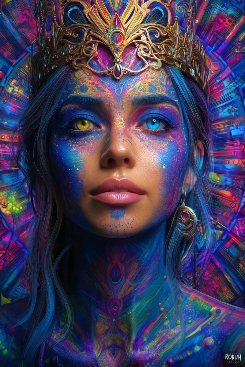 Woman crown colorful fantasy eyes hair jewelry earrings necklace pattern texture paint A woman with long, wavy blue hair is adorned with vibrant, colorful body paint covering her face, neck, and shoulders. She wears a golden crown with peacock feathers and intricate designs. Her face features blue and purple paint around her eyes, with yellow accents, and her lips are painted pink. Her eyes are blue with yellow irises, and she has a serene expression. The background is a swirling mix of bright, psychedelic colors.