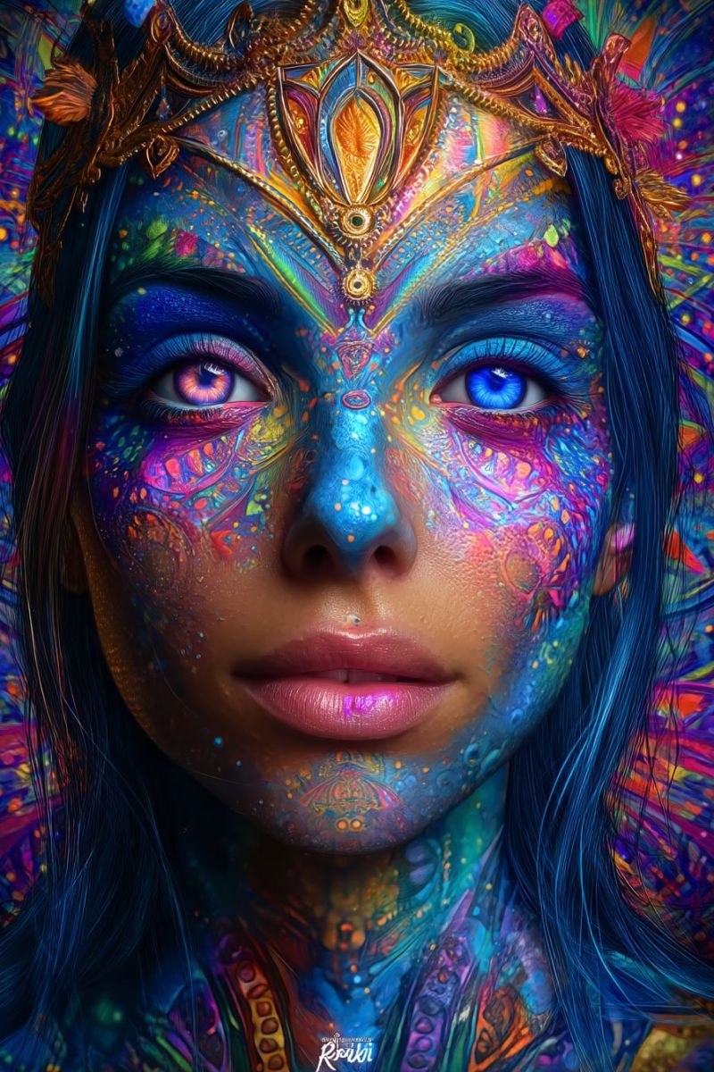 Woman painting colorful makeup crown jewelry necklace earrings hair hairstyle hairpiece paint accessories ornament clip A woman with long, dark hair is depicted with her face and body covered in vibrant, abstract, and colorful patterns. Her face is painted with a mix of blue, purple, pink, and yellow hues, creating a kaleidoscopic effect. Her eyes are strikingly blue with a hint of purple, and her lips are painted in a soft pink shade. She wears a golden headdress adorned with intricate designs and feathers, adding to the mystical and artistic appearance. The background is a blend of swirling colors, enhancing the surreal and fantastical atmosphere of the image.