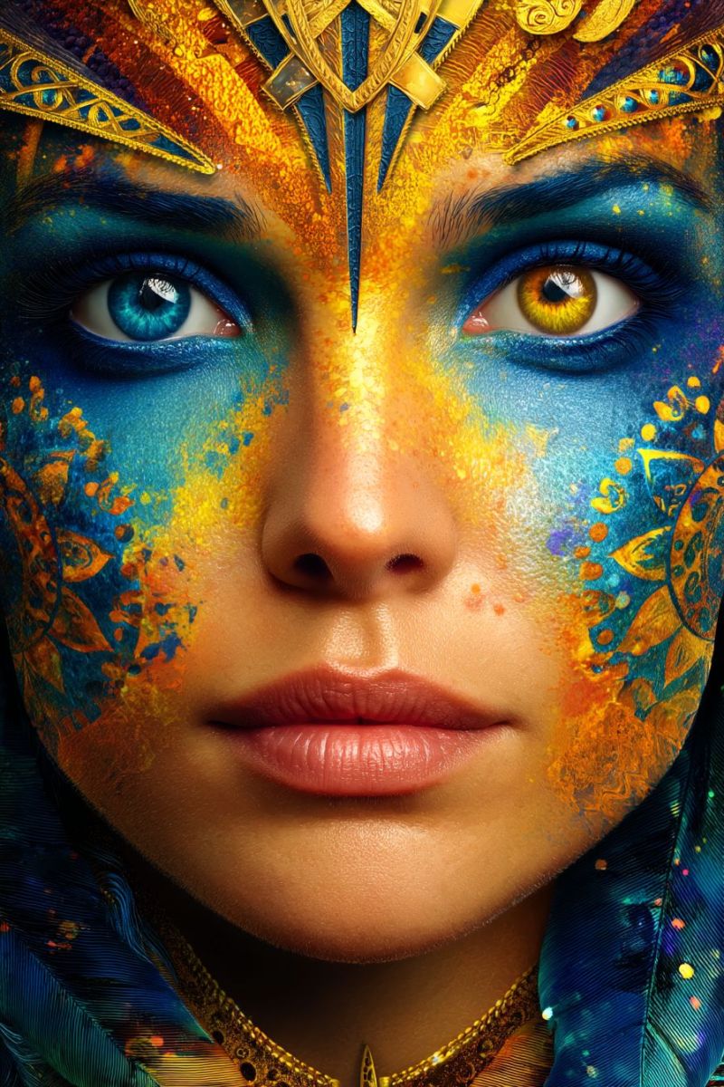 Visage maquillage oeil oeuvre tableaux beaute femmes yeux Un gros plan du visage d'une femme avec un maquillage facial vibrant et coloré. Le maquillage présente un mélange de teintes bleues, jaunes et orange, créant un design saisissant et complexe. Les yeux de la femme sont peints en bleu et jaune, et ses sourcils sont mis en valeur avec du jaune. Ses lèvres sont peintes en rose, et ses joues ont une teinte dorée. Le maquillage inclut une coiffe dorée avec des motifs complexes, ajoutant à l'apparence mystique et artistique globale.