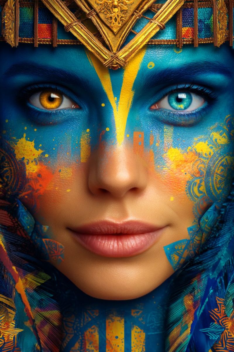 Visage design texture creatif imagination fantaisie expression emotion beaute mode Un gros plan du visage d'une femme avec un maquillage facial vibrant et coloré. Le maquillage présente des teintes bleues, jaunes et orange, créant un effet saisissant et artistique. Ses yeux sont peints en bleu et jaune, et ses sourcils sont mis en valeur avec du jaune. Le maquillage s'étend le long de ses joues et autour de sa bouche, avec des motifs complexes qui incluent des plumes et des motifs géométriques. Elle porte un diadème doré avec des motifs complexes, ajoutant à l'apparence générale royale et artistique.