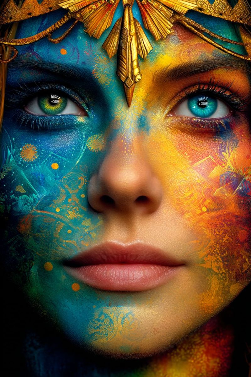 Visage beaute oeil maquillage design idees techniques tutoriel astuces Un gros plan du visage d'une femme avec un maquillage facial vibrant et coloré. Le maquillage présente un mélange de teintes bleues, jaunes, oranges et vertes, créant un effet dynamique et artistique. Ses yeux sont peints avec un dégradé saisissant de bleu et de vert, et ses sourcils sont accentués par des lignes sombres. Les lèvres de la femme sont peintes dans une teinte rose douce, et ses joues ont un léger fard. Le maquillage facial comprend des motifs complexes, tels que des fleurs et des motifs abstraits, ajoutant à l'aspect artistique et créatif global.