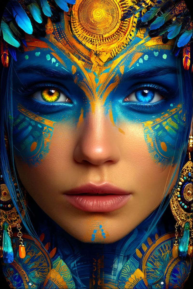 Visage yeux tableau design idees techniques maquillage outils produits tutoriels inspiration creativite Un gros plan du visage d'une femme avec un art corporel vibrant et complexe couvrant son visage et son cou. L'art présente un mélange de couleurs bleues, jaunes et oranges avec des motifs géométriques et un grand design semblable au soleil sur son front. Ses yeux sont peints en bleu avec des iris jaunes, et ses lèvres sont roses. Elle a de longs cheveux fluides ornés de plumes et de perles, et elle porte des boucles d'oreilles ornées avec des perles colorées et des glands.