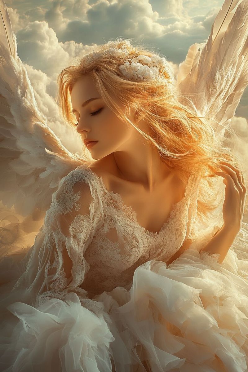 Angel cute girl cloud dreamy ethereal fantasy winged celestial halo serene beauty elegant soft stylized and fantastical scene. woman with long hair, her head turned to the side in a contemplative pose. Her eyes are closed, and she appears to be looking upwards towards something that is not visible in the frame. She has an ethereal appearance, with delicate features and a serene expression. The background is filled with light, suggesting a bright or even otherworldly setting. There are wispy clouds and rays of sunlight emanating from her, giving off a dreamy and angelic vibe. The attire she is wearing includes what looks like white lace or embroidery, contributing to the ethereal feel of the image.