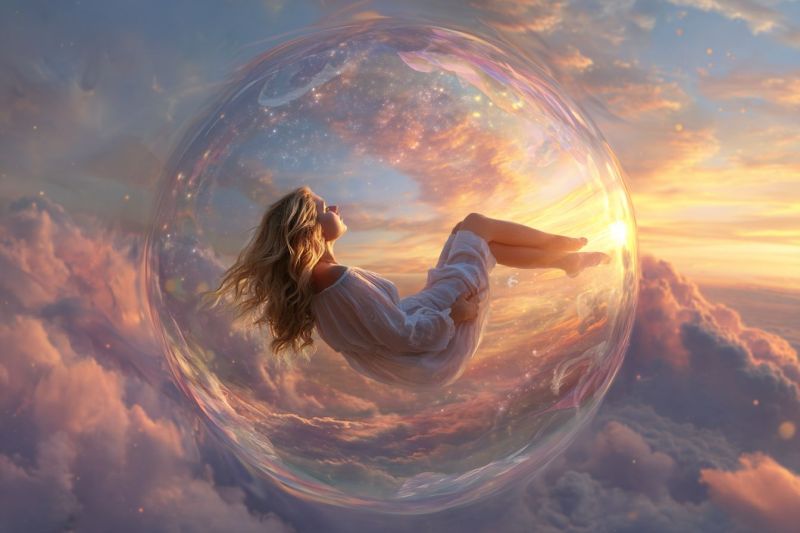 Woman cloud sky bubble sun dream fantasy imagination freedom sunset surrealism space cosmos ethereal A woman floats gracefully inside a large, transparent bubble in the sky. She wears a flowing white dress and has long, flowing blonde hair. She gazes upward, seemingly lost in thought or wonder. The bubble is surrounded by a sky filled with fluffy, pink and white clouds. The sun is setting in the background, casting a warm, golden light on the scene. The overall atmosphere is serene and dreamlike.