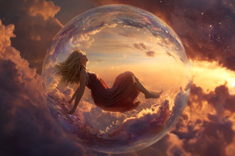 Femme nuage ciel bulle fantaisie reve imagination coucher soleil soiree nuit espace univers cosmos etoile Une femme flotte gracieusement à l'intérieur d'une bulle transparente, son corps positionné dans une pose détendue et allongée. Elle porte une robe rouge fluide qui flotte autour d'elle. La bulle est placée sur fond d'un ciel dramatique rempli de nuages tourbillonnants aux teintes orange, rose et violet. Les rayons du soleil percent les nuages, projetant une lueur chaude sur la scène. La bulle elle-même reflète les couleurs du ciel, ajoutant une qualité magique et éthérée à l'image.
