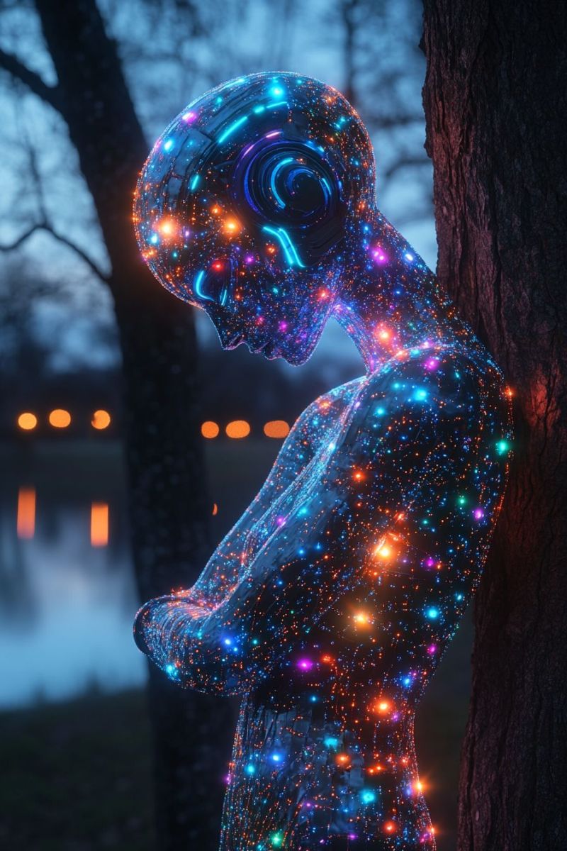 Beautiful dlicate female humanoid figure made glow accurate picture amazing demonstrating the mischiefs wild of human activities on la beautiful dlicate female humanoid figure made glow