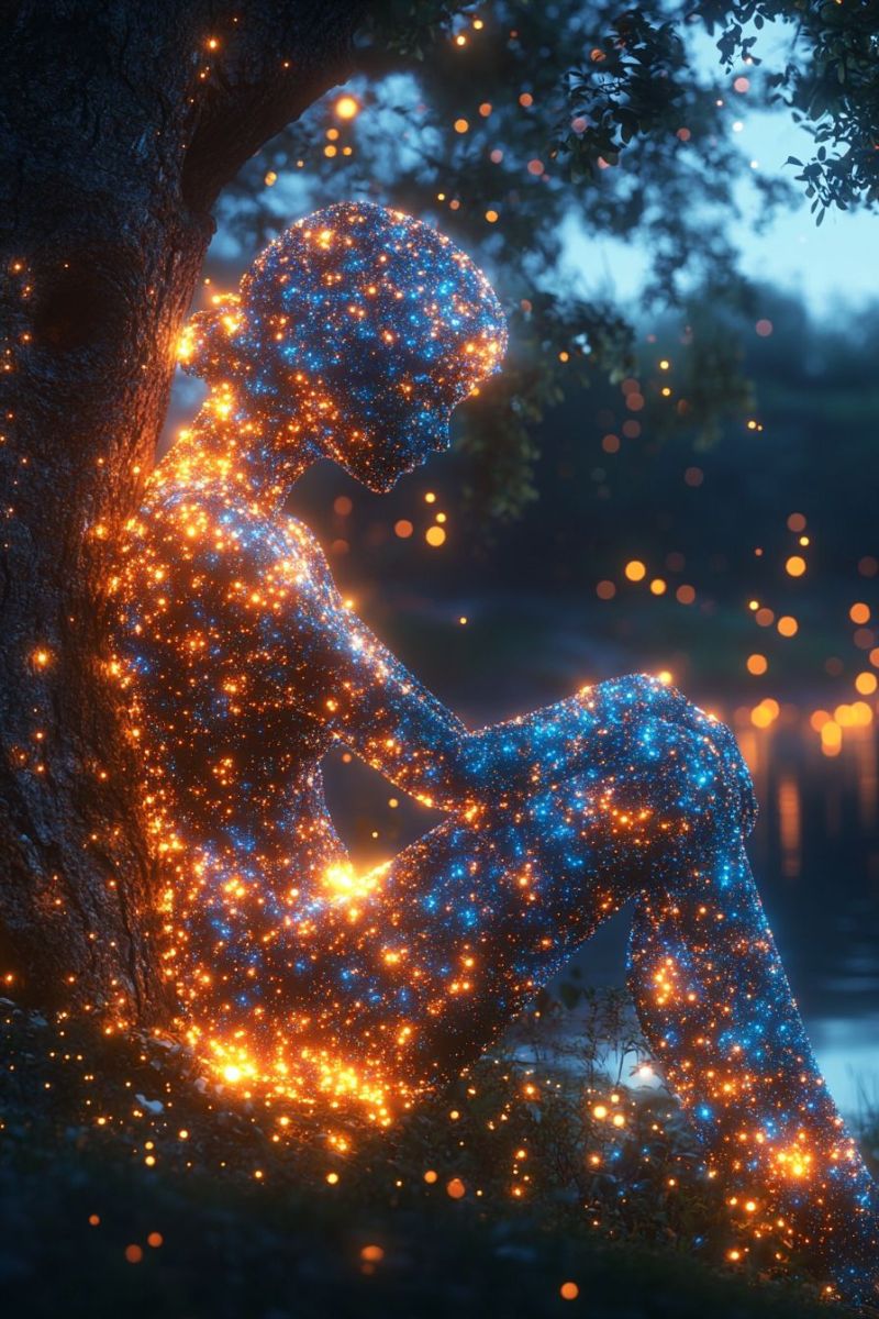 Science fiction cosmic phenomena starry night sci astrophotography painting glowing fantasy nighttime celestial real person. humanoid figure with glowing blue eyes, sitting with its back against a tree trunk, which is also glowing with the same bright blue light. The entire body and surrounding areas are illuminated by these radiant light sources, giving off an ethereal glow that creates a pattern of yellowish specks, suggesting some kind of magical or supernatural phenomenon. The figure's hands rest gently on its knees, and it looks contemplative or perhaps in awe of the lights enveloping it. The setting is nighttime, with the silhouette of trees visible in the background, providing a natural backdrop to this fantastical scene. There are no visible texts or distinguishing marks that would identify specific brands or characters. The style of the image is somewhat reminiscent of science fiction or fantasy aesthetics, characterized by vibrant colors and glowing effects.