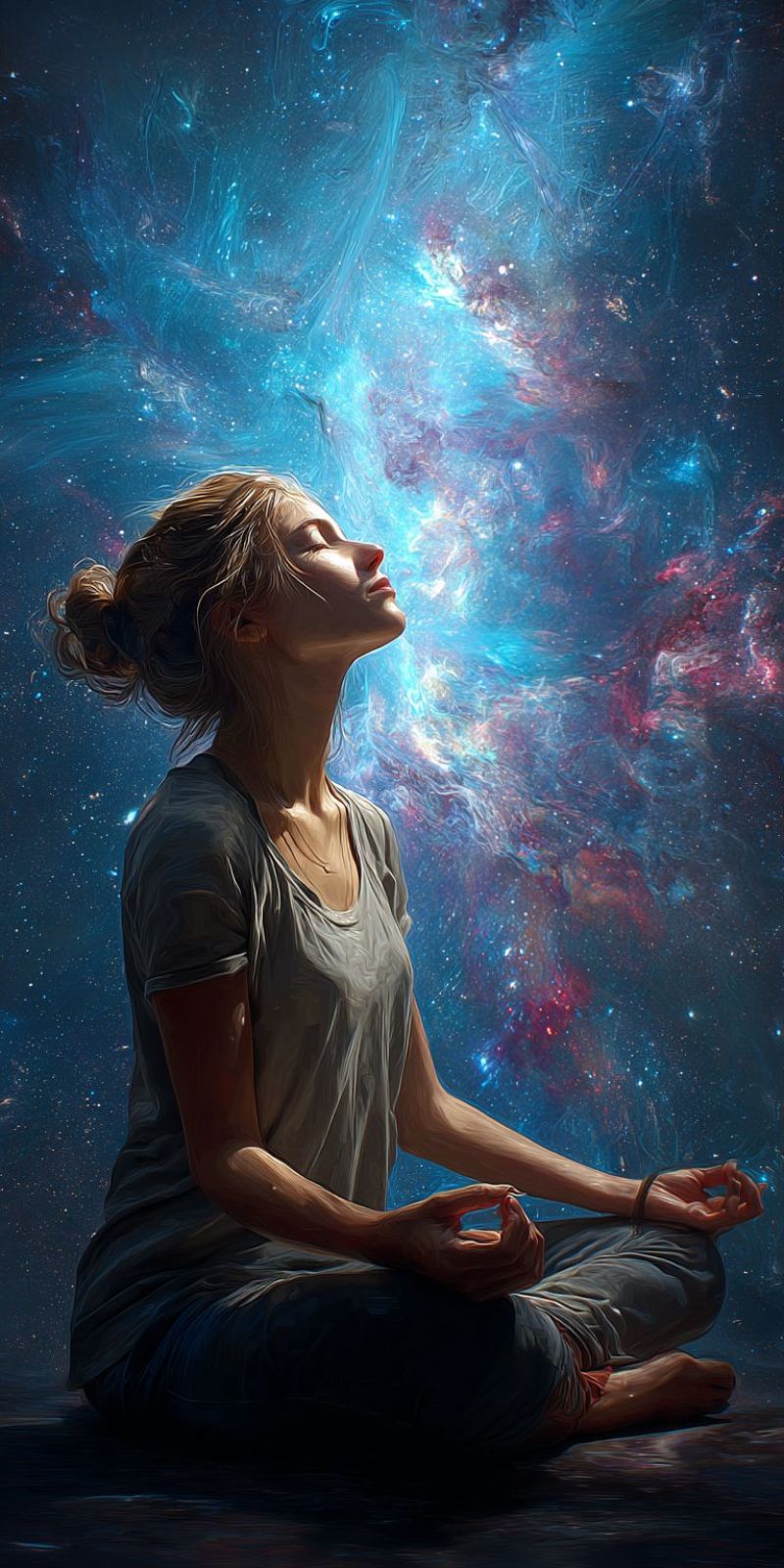 Meditation woman space galaxy cosmos universe contemplation zen spirituality cosmic astral celestial dreamlike fantasy starry sky inner peace A woman sits cross-legged on the ground, her eyes closed, and her hands forming a meditation pose. She wears a gray t-shirt and dark pants. Her hair is tied back in a bun. Behind her, a vibrant, swirling galaxy with shades of blue, purple, and red fills the background. The galaxy has a dreamy, ethereal quality, with stars and cosmic dust scattered throughout. The scene evokes a sense of tranquility and deep contemplation.