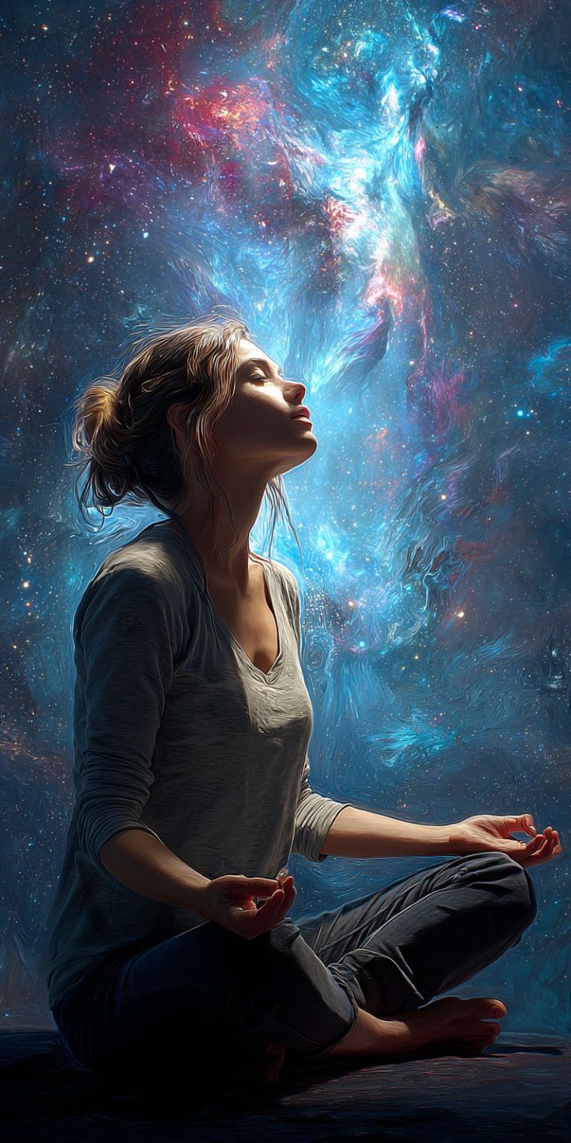 Meditation woman space galaxy cosmos universe contemplation zen mindfulness spirituality cosmic fantasy imagination starry sky inner peace A woman sits cross-legged on a dark surface, her eyes closed, and her hands resting on her knees in a meditative pose. She wears a gray long-sleeved shirt and dark pants. Her hair is tied back in a bun, and she appears to be in a serene and contemplative state. Behind her, a vibrant and colorful cosmic background unfolds, featuring swirling galaxies, nebulae, and stars in shades of blue, purple, and pink. The cosmic back is dynamic and fluid, with colors blending and shifting, creating a sense of movement and depth. The woman's posture and the cosmic background together suggest a theme of introspection and connection with the universe.