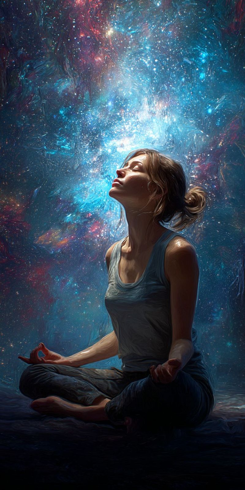 Meditation femme yoga espace univers cosmique celeste contemplation spiritualite zen conscience galaxie astral onirique etoile ciel interieur paix Une femme est assise les jambes croisées sur une surface sombre, les yeux fermés et la tête inclinée vers le haut. Elle porte un débardeur gris sans manches et un pantalon sombre. Ses cheveux sont attachés en queue-de-cheval. Elle semble être dans une pose méditative ou contemplative. Derrière elle, une galaxie vibrante et tourbillonnante de couleurs domine l'arrière-plan, avec des nuances de bleu, rouge et violet se mélangeant les unes aux autres. La galaxie semble être en mouvement, avec des étoiles et de la poussière cosmique dispersées partout. L'atmosphère générale est sereine et irréelle.