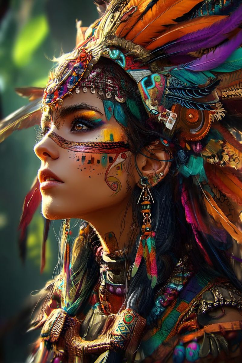 Woman headdress feathers earrings necklace woman with striking, colorful face paint and elaborate headdress. Her face is adorned with vibrant, intricate designs in shades of yellow, green, and red, extending from her forehead down to her chin. Her eyes are accentuated with bright, multicolored eyeshadow, and her lips are painted in a bold, contrasting color. She wears a headdress with a mix of feathers and beads, predominantly in shades of purple, orange, and green. Her hair is long and dark, with feathers and beads woven into it. The background is blurred, suggesting a natural setting.