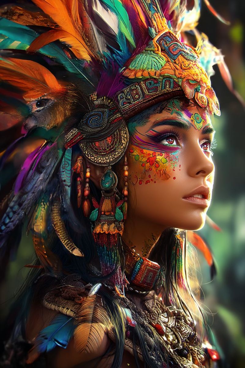 Woman headdress feathers jewelry makeup tribal indigenous culture fashion accessories earrings necklace costume ceremony ritual tradition beauty paint A woman with long, dark hair adorned with vibrant feathers and intricate jewelry is depicted in a close-up. She wears a headdress with a mix of feathers and beads, and her face is painted with colorful designs. Her eyes are highlighted with makeup, and her lips are painted in a bold color. She has a serene expression, and her gaze is directed to the side. The background is blurred, suggesting a natural setting.
