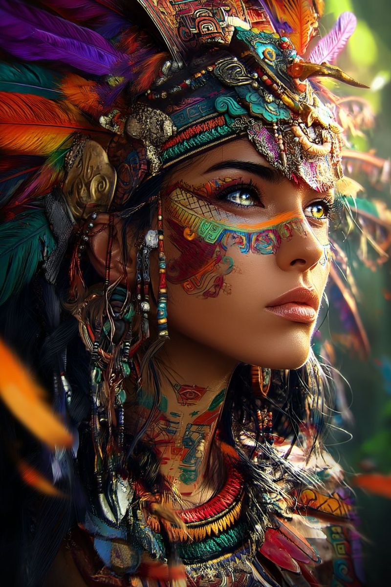 Woman colorful feathers headdress jewelry necklace earrings A woman with a serious expression is adorned in vibrant, intricate tribal attire. Her face is painted with colorful designs, including a prominent red and yellow pattern on her forehead and cheeks. She wears a headdress with feathers and beads, and her hair is styled with feathers and beads as well. The background is blurred, suggesting a natural setting.