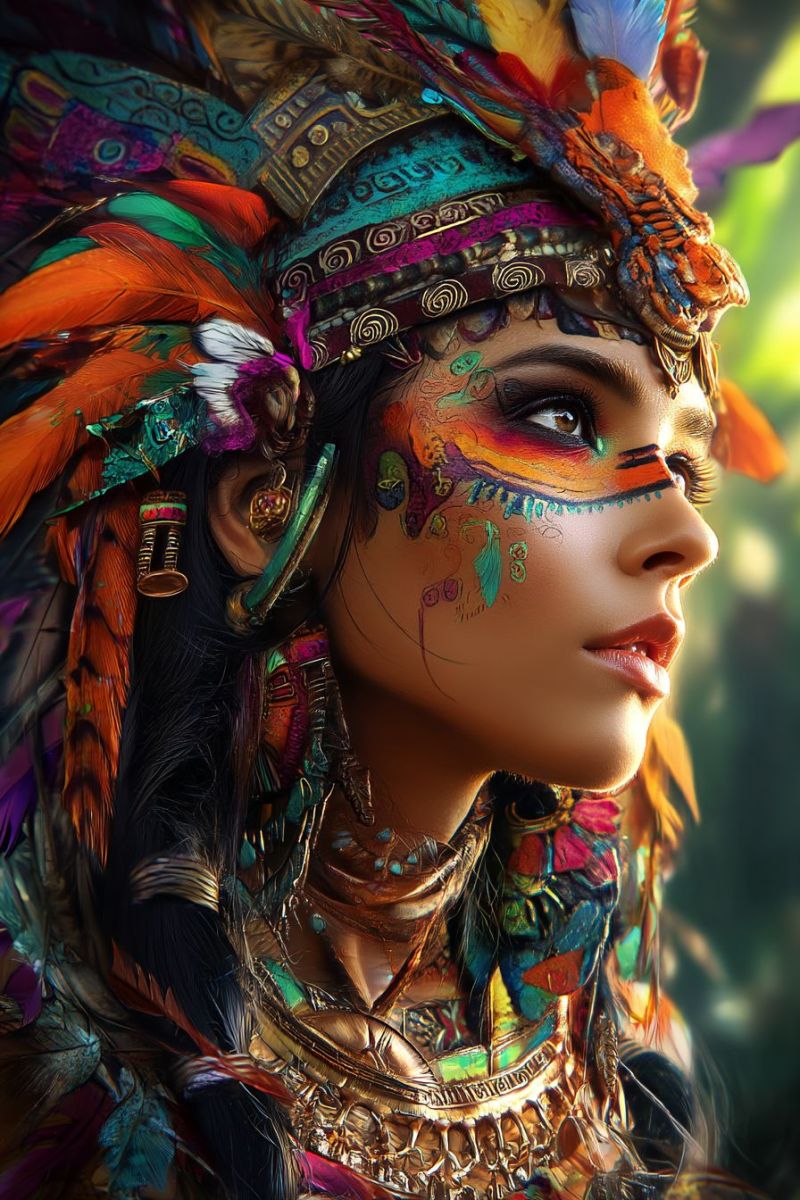 Woman headdress feathers jewelry earrings necklace A woman with long, dark hair is adorned in vibrant, intricate tribal attire. Her face is painted with colorful designs, including a striking pattern on her cheek that resembles a feather. She wears a headdress with feathers and beads, and her eyes are accentuated with makeup. She has a serious expression, and her lips are slightly parted. The background is blurred, suggesting a natural setting.