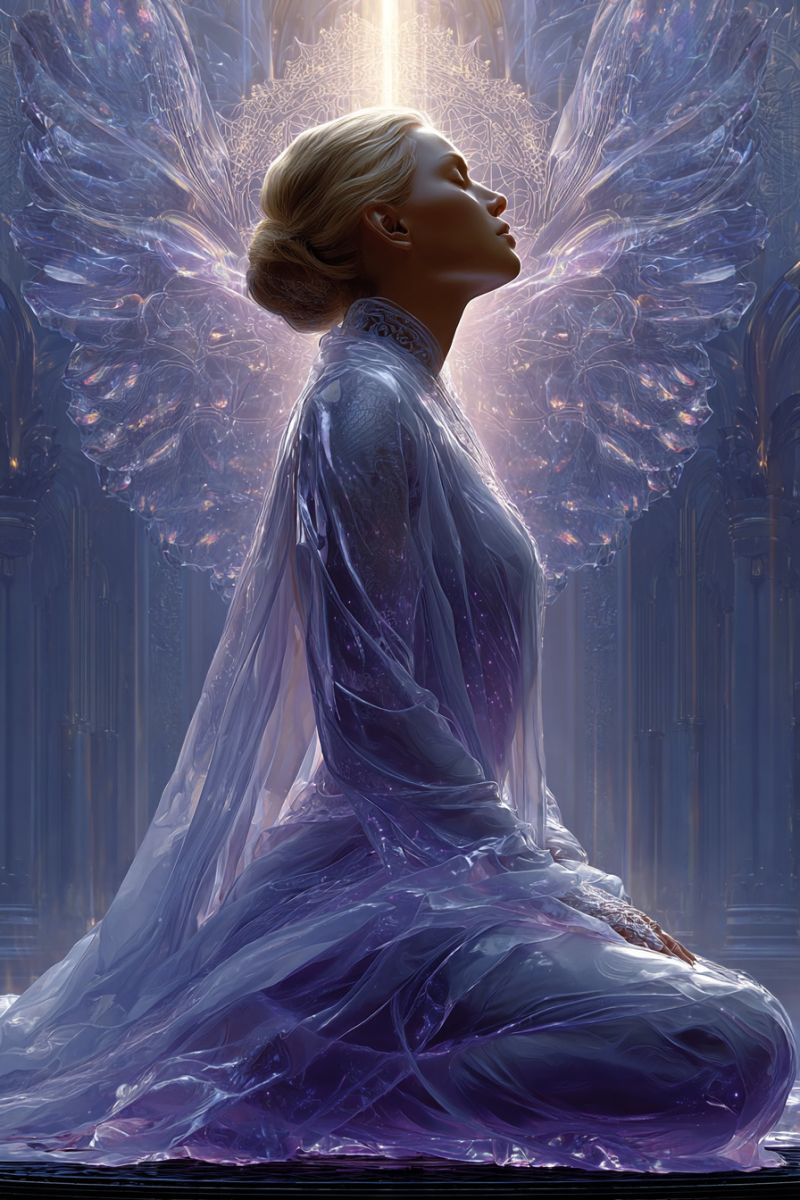 Ange femme ailes robe yeux coiffure longueur texture Une femme aux cheveux blonds est assise sur un socle de pierre, portant une robe bleue fluide et translucide qui scintille à la lumière. Ses yeux sont fermés, et elle semble être dans un état de profonde méditation ou de contemplation. Ses ailes, grandes et translucides, déployées derrière elle, ajoutent à la qualité éthérée de la scène. Le fond est un mélange de bleu et de blanc, avec des motifs complexes qui suggèrent un cadre céleste ou divin. L'atmosphère générale est sereine et irréelle, avec une douce lumière éclatante illuminant la scène.