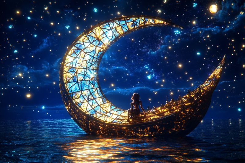 Moonlit boat water floating lantern moon phase sign couple night romantic crescent mystical nighttime atmosphere nautical themed decoration sky A person is sitting on a crescent moon, which is floating in the sky above a stylized ocean. The moon is illuminated from within, and it appears to have a golden frame around its circumference. Below the moon, there is a night sky with numerous stars twinkling. There's also a blue celestial sphere, resembling Earth, in the background, and what seems like a constellation or a cluster of stars. The overall atmosphere is dreamy and serene, evoking a sense of fantasy.