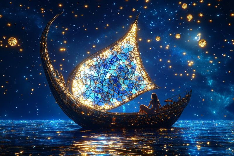 Romantic boat ride night sky stars stained glass windows couple floating lanterns fantasy ethereal scenery under moon starlit sea glowing mosaic tiles beautifully crafted scene, seemingly a digital illustration or artwork. couple sitting on the bow of a boat that is floating on water at night. The boat appears to be adorned with stained glass windows, giving it an ethereal glow. Above them, the sky is filled with stars and there's a constellation of lights in various shapes and sizes, suggesting a festive or magical atmosphere. The couple seems to be enjoying a peaceful moment together under the night sky. The overall color palette is dominated by blues and purples, with golden and white accents that highlight the boat and couple. The image evokes a sense of tranquility and romance.