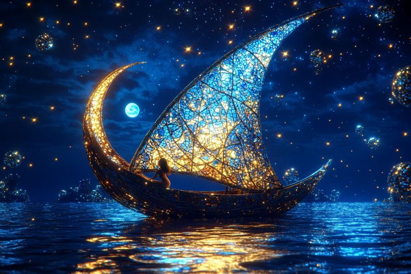 Boat moon night sky tar ailboat romantic fantasy tranquility adventure fairytale ocean navigation olitude illumination crescent celestial erene nautic serene nighttime scene with a vibrant, moonlit backdrop. In the foreground, there is a canoe or small boat with a person in it, depicted from behind and facing towards the viewer. The person appears to be rowing or floating on a calm body of water. There are numerous glowing orbs scattered throughout the image, adding a magical or star-like effect that enhances the ethereal atmosphere. The canoe is adorned with intricate patterns and possibly flowers or other decorative elements. Above the boat, there's a beautiful moon hanging in the sky, contributing to the peaceful ambiance. The color palette of the image is dominated by cool blues and warmer yellows, creating a contrast that emphasizes the tranquility of the scene. The style of the artwork suggests it could be a digital creation or a painting meant to evoke feelings of calmness and wonder. There are no visible texts within the image.