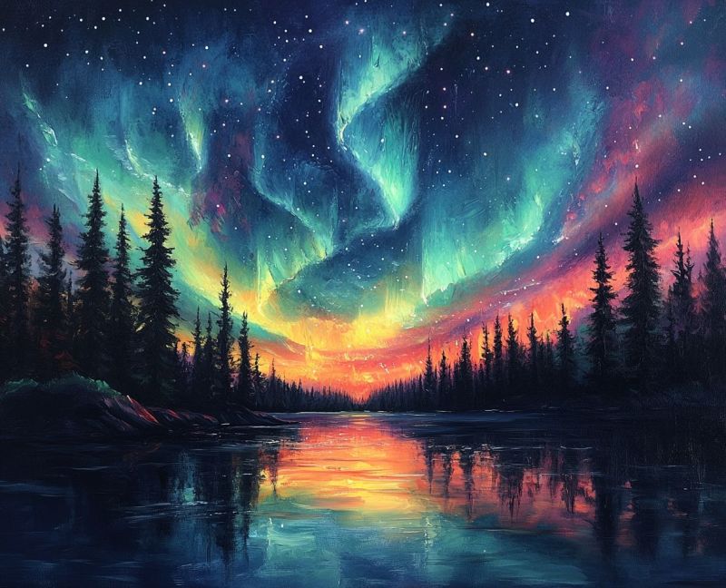 Aurore boreale nord forestiere ciel nocturne arbre alpinique rivage crepuscule naturel montagnes Scène nocturne vibrant avec un centre sur les feux du nord. Le ciel est rempli de traînées de couleur, principalement des nuances de bleu, de vert et de rose, qui suggèrent la phénoménologie des feux du nord. La galaxie de l'Andromède peut être vue dans diverses parties du ciel, ajoutant au thème cosmique global. À l'avant-plan, un lac calme reflète les couleurs de l'aurore et est bordé de pins sous un ciel clair. Un ruisseau s'enfonce à travers la paysage, avec des rapides visibles près du centre. L'eau apparaît calme et sans perturbation, reflettant les lumières au-dessus. À droite de l'image, se trouve une zone nuageuse avec des bleus plus foncés, qui contraste avec les aurores brillantes. Il n'y a aucune texte présent dans cette image. Le style du tableau est réaliste, avec un accent fortement mis sur la couleur et la lumière pour créer une paysage saisissante et calme.