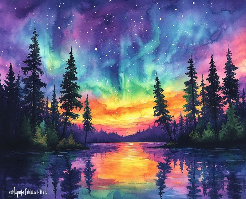 Ciel boreale aurores polaires foret lac nocturne vivante atelier gouache naturel naturelle Un paysage nocturne vibrant et coloré, peint au style de l'eau de couleur. À la foreground, un lac paisible reflète les vives teintes du ciel. À droite, on voit une rangée de pins avec leurs feuilles vertes silhouettes contre le ciel. Le fond est orné d'un ciel dramatique rempli de nuages et recouvert de divers couleurs telles que jaunes, pourpres, bleus et oranges, ce qui suggère une aurèle ou un coucher du soleil vif. Au centre de la peinture se trouve une source lumineuse brillante qui éclaire l'atmosphère, probablement indiquant une pleine lune ou autre corps céleste reflétant sur l'eau. L'atmosphère générale est de paix et de beauté naturelle, ce qui invite probablement des sentiments de calme et de merveille.