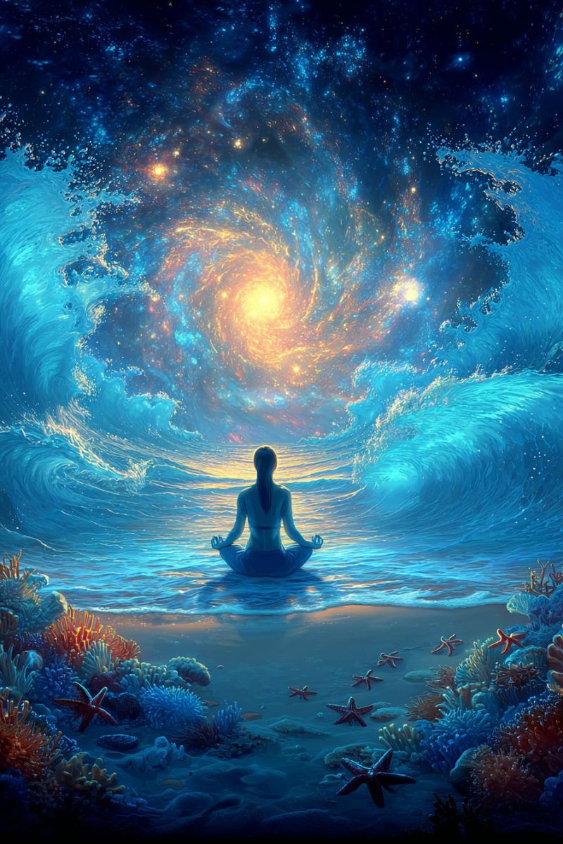 Meditation ocean etoile mer vagues galaxie soleil eau plage reflexion zen calme tranquillite nature corail recif nuit ciel rayons Une femme est assise dans une pose méditative au milieu d'un vaste océan, entourée de récifs coralliens vibrants et d'étoiles de mer. Les vagues de l'océan sont calmes et bleues, reflétant le ciel nocturne étoilé au-dessus. Le ciel est d'un bleu profond avec une galaxie au centre, irradiant une lumière aux nuances de jaune, orange et bleu. La galaxie est entourée d'étoiles, et toute la scène est éclairée par une lumière douce et éthérée.