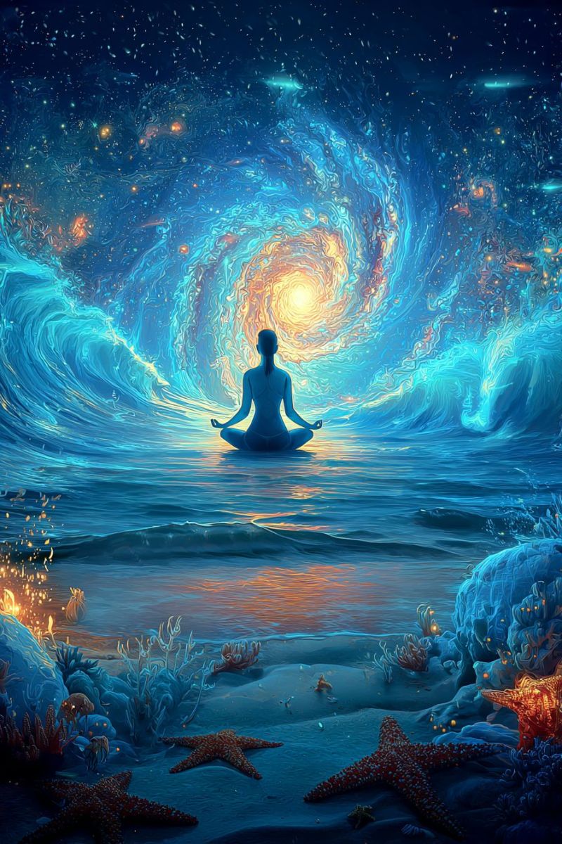 Meditation ocean starfish coral wave night sky galaxy sun water beach sea rock sand fire glow fantasy beautiful blend of nature and the cosmos, with the person's meditative pose adding a spiritual element to the scene.