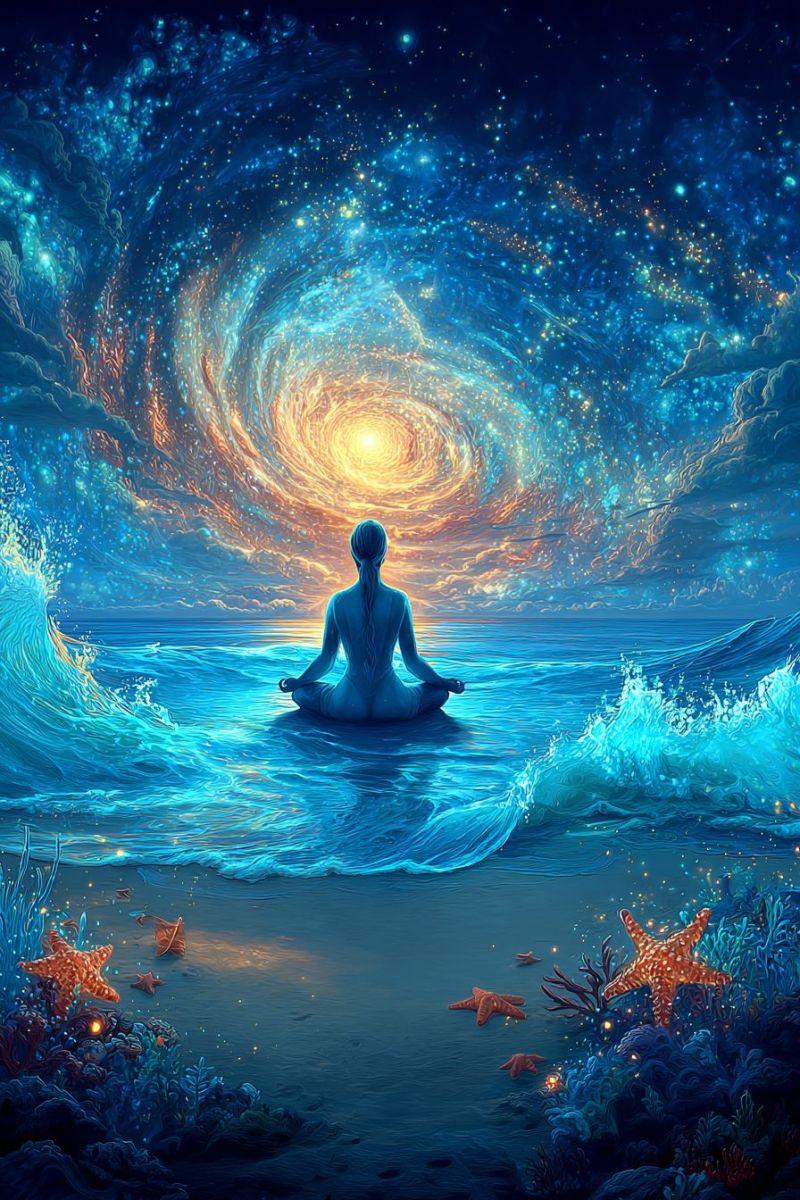 Meditation ocean etoile mer vagues nuit ciel galaxie soleil eau plage corail recif coucher phare reflexion obscurite Une femme est assise dans une posture méditative sur le rivage de l'océan, entourée par une atmosphère sereine et mystique. Elle fait face au coucher du soleil, qui est représenté comme un soleil radieux avec une lueur dorée, entouré par une galaxie tourbillonnante d'étoiles et de poussière cosmique. Les vagues de l'océan viennent doucement lécher ses pieds, et l'eau est d'un bleu profond avec une touche de vert. Le fond marin est orné de récifs coralliens vibrants et d'étoiles de mer, ajoutant au charme de la scène. Le ciel au-dessus est d'un bleu profond, parsemé d'étoiles et de quelques nuages, créant un sentiment de vastitude et de tranquillité.