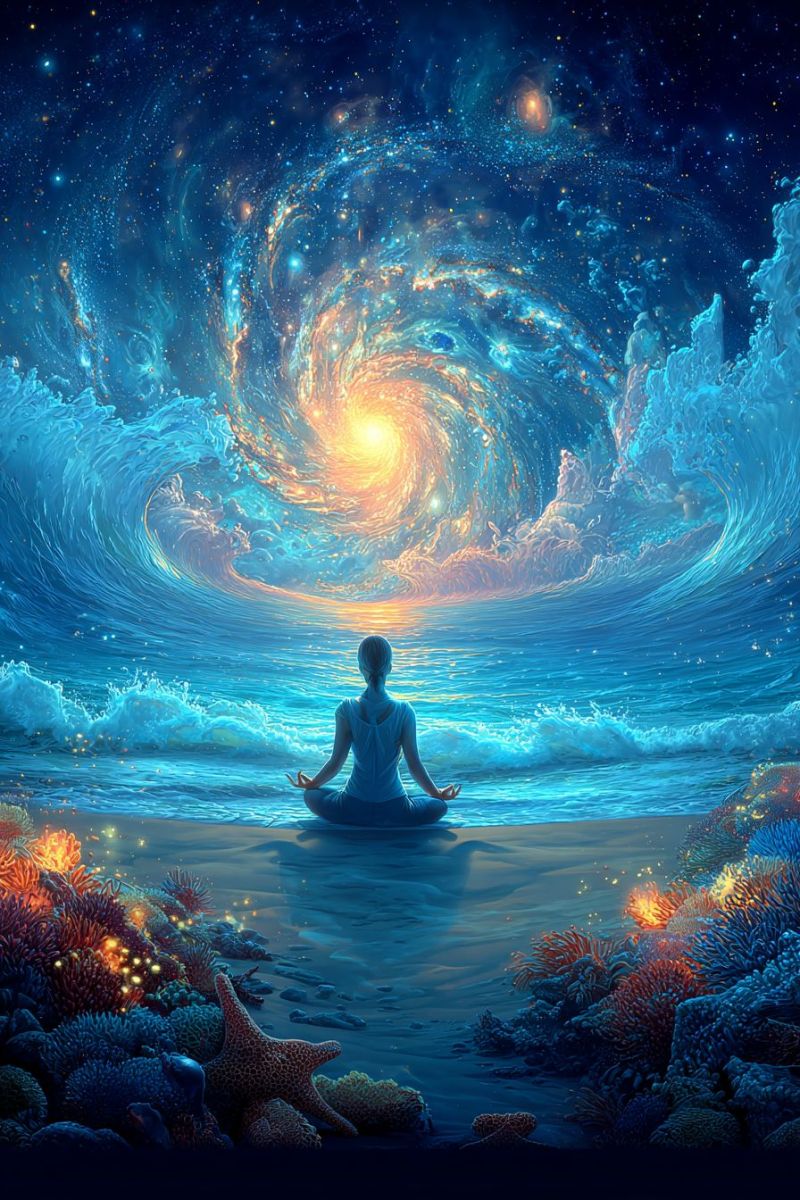 Meditation ocean etoile mer galaxie soleil vagues plage eau rochers phare nuages coucher fantaisie corail recif nuit ciel Une femme est assise dans une pose méditative sur une plage, les jambes croisées et les mains posées sur ses genoux. Elle est entourée par une scène sous-marine vibrante présentant des récifs coralliens de diverses couleurs, notamment orange, bleu et blanc. L'eau de l'océan est calme, et les vagues viennent doucement lécher le rivage. Au-dessus, le ciel est d'un bleu profond, rempli d'étoiles et d'une grande galaxie lumineuse au centre, avec une lumière jaune brillante à son coeur. La scène est éclairée par une lumière douce et éthérée, créant une atmosphère sereine et mystique