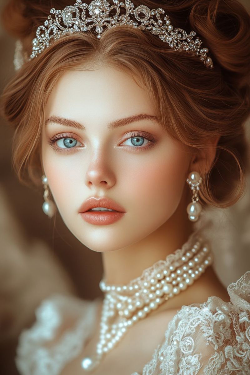 Bridal makeup hairstyle elegant wedding dresse jewelry vintage beauty pearl necklace soft focus portraiture female fashion romantic hair accesso accurate picture amazing demonstrating the mischiefs wild of human activities on la up eyes green yellow hues reflect