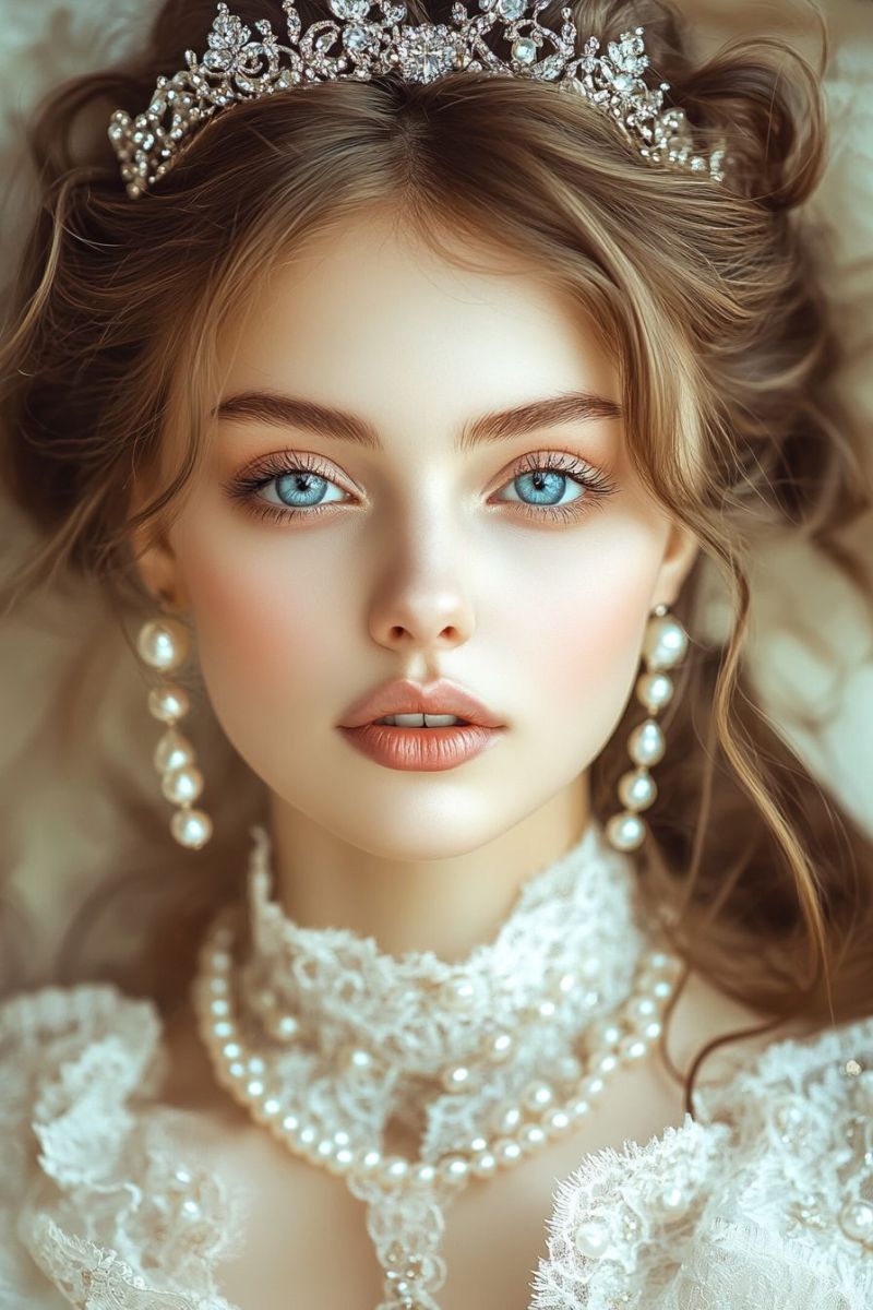 Wedding bridal elegant beauty fine jewelry advertisement fashionable bride vintage pearl necklace makeup artist showcase romantic contemporary accurate picture amazing demonstrating the mischiefs wild of human activities on la colorful painting beautiful woman long hair