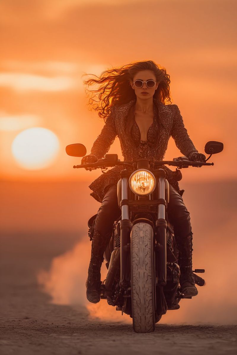 Moto femme motarde lever soleil aventure liberte voyage air coucher route periple exploration pittoresque ambiances ambiancer humeur Une femme conduit une moto sur une route sablonneuse au coucher du soleil. Elle porte une veste brillante et paillettes, un pantalon en cuir noir et des bottes. Ses cheveux flottent dans le vent, et elle porte des lunettes de soleil rondes. La moto a un grand phare et un rétroviseur latéral. Le soleil se couche en arrière-plan, projetant une lueur chaude sur la scène.