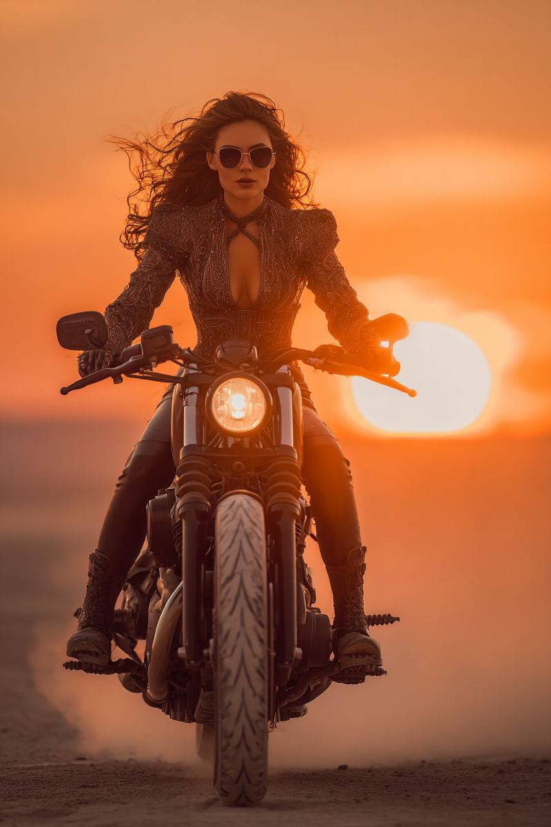 Motorcycle woman rider sun sunset sunrise dust leather jacket sunglasses wind adventure freedom speed travel outdoors desert action A woman is riding a motorcycle on a dirt road at sunset. She wears a long, shiny, sleeveless top with a plunging neckline, black leather pants, and boots. Her hair flows in the wind, and she wears sunglasses. The motorcycle has a large headlight and a side mirror. The sun is setting in the background, casting a warm glow on the scene.