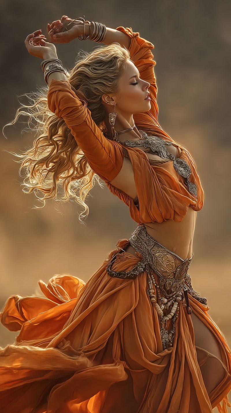 Femme costume bijoux boucles oreilles collier ceinture robe expression ombre fantaisie ventre Une femme aux longs cheveux blonds ondulés est vêtue d'une robe orange fluide qui semble être faite d'un tissu léger et transparent. Elle est parée de bijoux argentés complexes, comprenant un collier, des bracelets et une ceinture avec des perles décoratives. Ses cheveux sont flottants dans le vent, et elle est dans une pose gracieuse et dynamique, les bras levés et le corps légèrement plié. Elle regarde de côté, et son expression est sereine et concentrée. Le fond est d'une couleur douce et chaude, suggérant peut-être un coucher de soleil ou une lumière chaude et dorée.