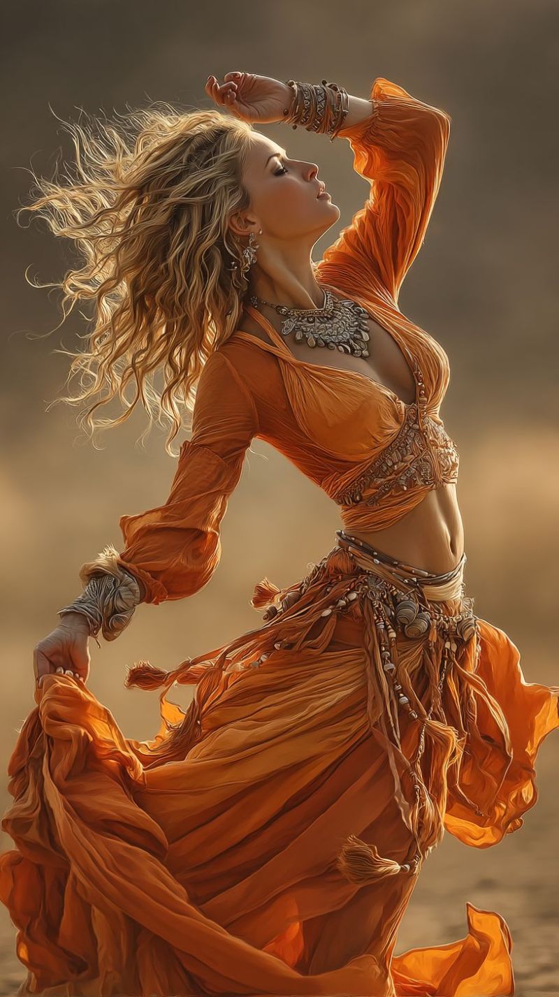 Femme costume bijoux robe performance culture tradition ethnique oriental decoratif expression ventre Une femme aux longs cheveux blonds ondulés est capturée en pleine danse, ses cheveux flottant librement. Elle porte une robe orange vive avec un tissu fluide et complexe qui accentue ses mouvements gracieux. La robe présente un décolleté profond orné d'un collier en argent et de bracelets assortis en argent à ses poignets. Sa tenue comprend une ceinture perlée autour de sa taille et une jupe perlée assortie qui ondule avec sa danse. Elle lève les yeux, son visage illuminé par la lumière, et son expression est celle de la joie et de la liberté. L'arrière-plan est d'une couleur sable douce, suggérant un cadre de désert ou de plage.