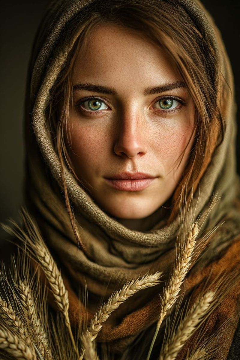 Femme echarpe ble grain nature beaute froncement sourcils oeil taches rousseur peau texture ombre Une femme aux cheveux brun clair et aux taches de rousseur sur le visage porte un foulard beige autour de son cou et de sa tête. Elle a les yeux verts et une expression sérieuse. Elle tient un épi de blé dans ses mains, et le blé est doré avec quelques graines dessus. Le fond est sombre, et la lumière est centrée sur la femme et le blé.
