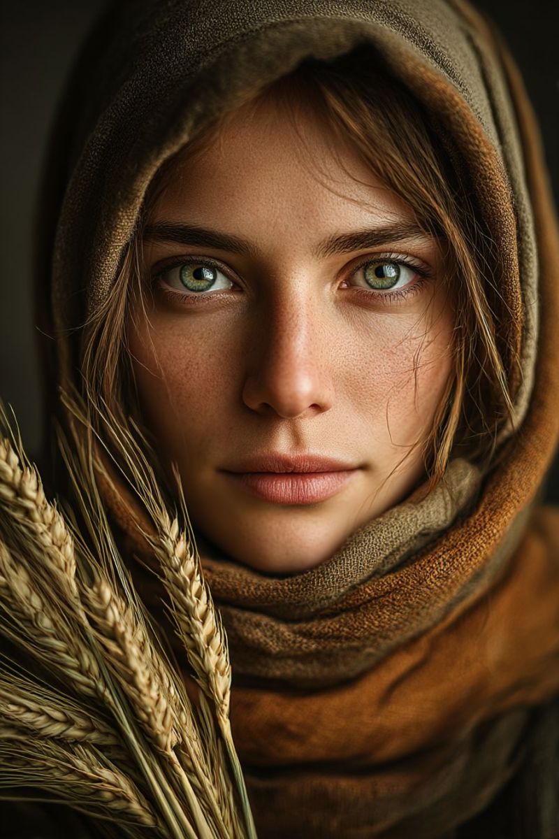 Woman hood wheat head eye scarf clothing grain headshot field stalk plant crop harvest A close-up portrait of a woman with a serene expression. She wears a brown hooded shawl that covers her head and shoulders, leaving her face partially visible. Her hair is partially visible under the hood, and she has light brown hair. Her eyes are green and almond-shaped, with a hint of freckles on her cheeks. She has a slight smile on her lips, and her skin has a warm, golden tone. In front of her, there is a close-up of wheat stalks, which are golden in color and have a rustic, natural look. The background is dark, and the focus is on the woman and the wheat stalks.