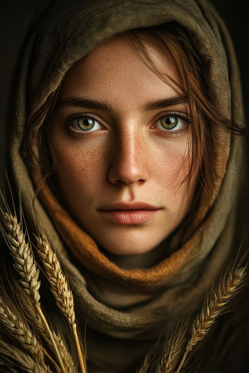 Femme feminite ble grain tete oeil oreille bouche taches rousseur peau texture ombre Un portrait rapproché d'une femme à l'expression sérieuse. Elle a des cheveux brun clair avec quelques taches de rousseur sur le visage. Elle porte un foulard beige à capuche qui couvre sa tête et ses épaules. Le foulard est légèrement ouvert, révélant son visage. Elle a des yeux verts avec de longs cils. Elle tient un bouquet de blé dans sa main gauche, qui est partiellement visible dans l'image. Le fond est sombre, et l'accent est mis sur la femme et le blé.