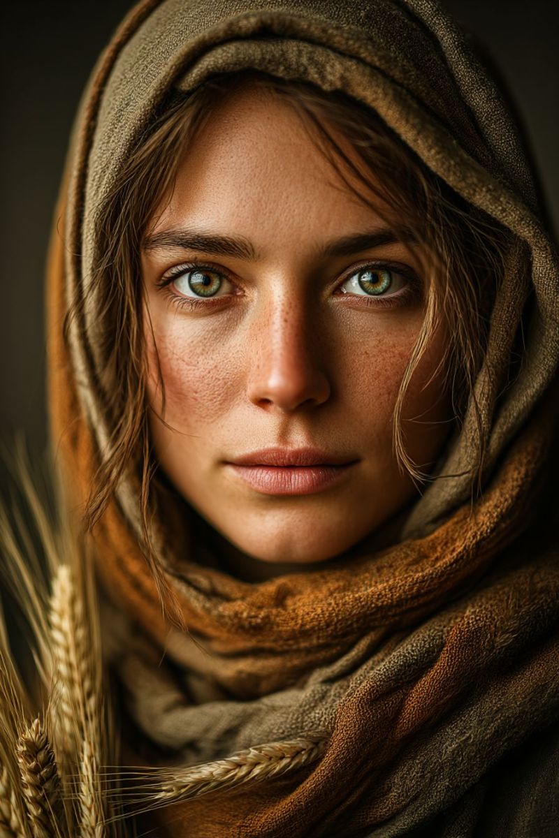 Femme tete foulard ble graine champ tige plante Un portrait rapproché d'une femme à l'expression sérieuse. Elle a des cheveux brun clair avec quelques mèches tombant sur son visage. Ses yeux sont verts avec une touche de brun, et elle a des taches de rousseur sur ses joues. Elle porte un foulard marron et beige qui couvre sa tête et ses épaules. Le foulard a une texture légèrement ondulée. Au premier plan, il y a une image floue d'épis de blé.
