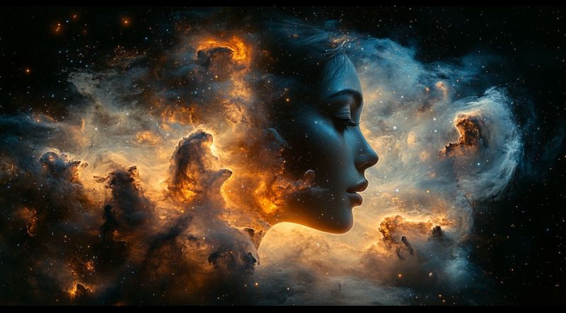 Visage cosmique astronomique spatiale astro celeste oeuvre surreelle galaxie thematique nebuleuse expression scienc Un homme avec une expression réfléchie, regardant vers le côté. Il a des cheveux courts et porte ce qui ressemble à un haut sombre ou une chemise sans visage visible. Le fond présente une conception abstraite qui ressemble à une galaxie ou à une formation nuageuse floue, avec des modèles tourbillonnants dans les nuances de bleu, blanc et gris. L'effet général est artistique et atmosphérique, suggérant un sentiment de merveille ou de réflexion. Le style de l'image est graphique avec une combinaison de réalisme pour les caractéristiques du personnage et une qualité plus stylisée et presque surréaliste pour le fond, ce qui pourrait indiquer qu'il s'agit d'une oeuvre de dessin numérique ou illustration.