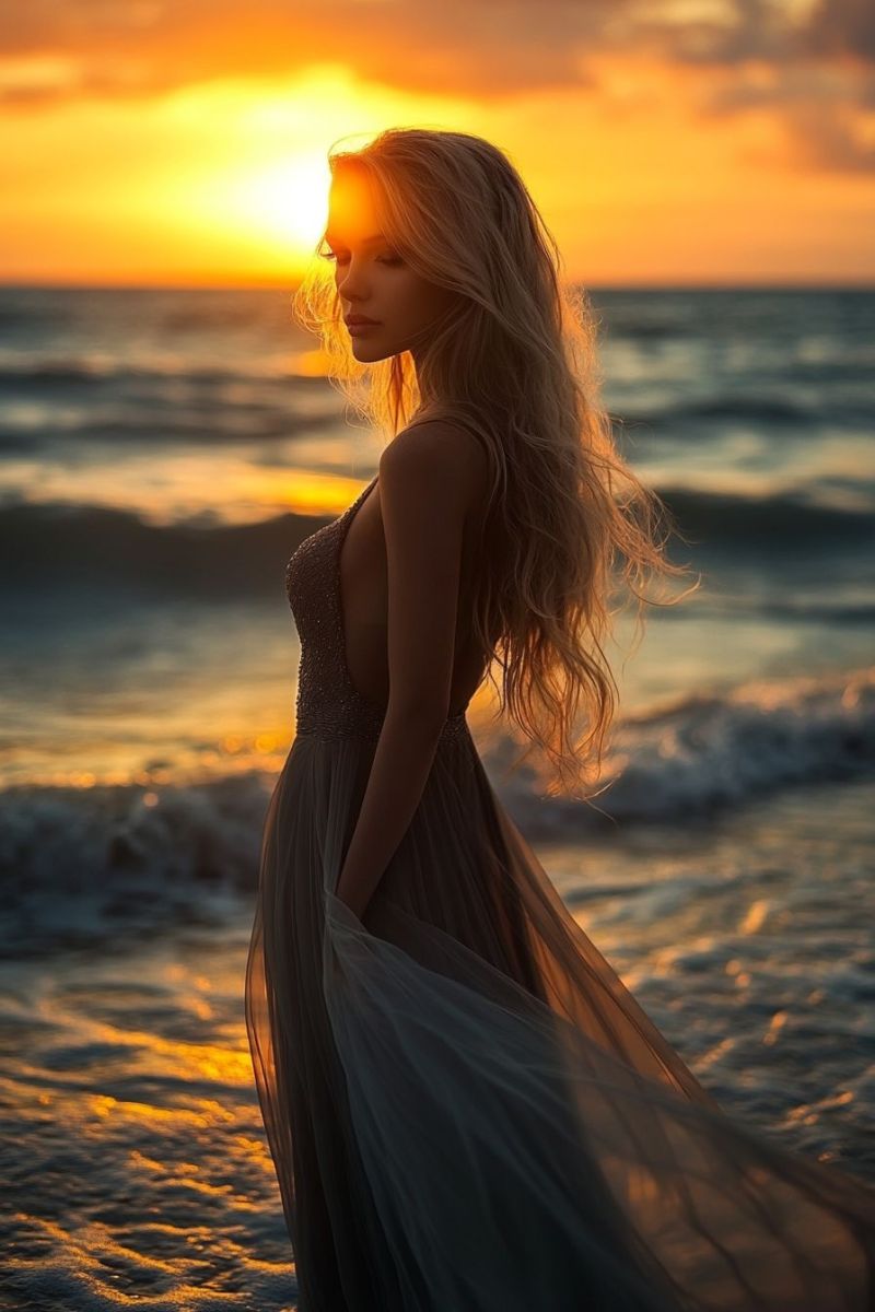 Sunset focus female subject beach ocean exposure lighting hair flowing evening person standing by the ocean at sunset. They are looking towards the camera with their back to it, silhouetted against the bright sky where the sun is setting. The individual has long hair and appears to be wearing a dress that flows down to their feet. The ocean waves gently in front of them, reflecting the warm hues of the sunset. The background features a horizon line where the ocean meets the sky, creating a peaceful and serene atmosphere. The lighting suggests it is either late afternoon or early evening, based on the position of the sun.