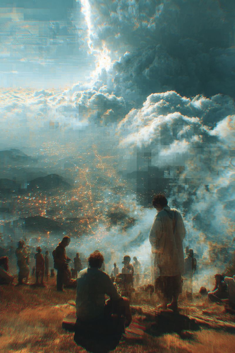 People sky clouds lightning fire mountains city night fireworks worship praying gathering worshippers scene with a group of people gathered on a hill under a dramatic sky. The sky is filled with thick, dark clouds, and there is a bright, almost blinding light coming from the center, possibly a sun or a lightning bolt. The light casts a warm glow on the people below, who are dressed in light-colored clothing. Some of them are standing, while others are sitting on the ground. The ground is covered in grass, and there are mountains in the distance. The overall atmosphere is one of awe and reverence, as if the people are witnessing a powerful and awe-inspiring event.