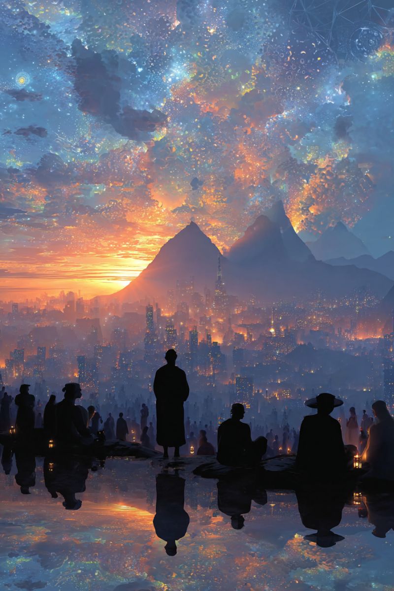 Cityscape night sky sunset mountain people reflection architecture building urban town water clouds pyramid dark A group of people are gathered in a serene setting, possibly a park or a plaza, during sunset. They are standing and sitting on the ground, some holding lanterns. The scene is illuminated by the warm, golden light of the setting sun, casting long shadows. In the background, there are silhouettes of buildings and mountains, with the sky painted in hues of orange, pink, and blue. The atmosphere is calm and reflective, with the people appearing to be in a moment of contemplation or relaxation.