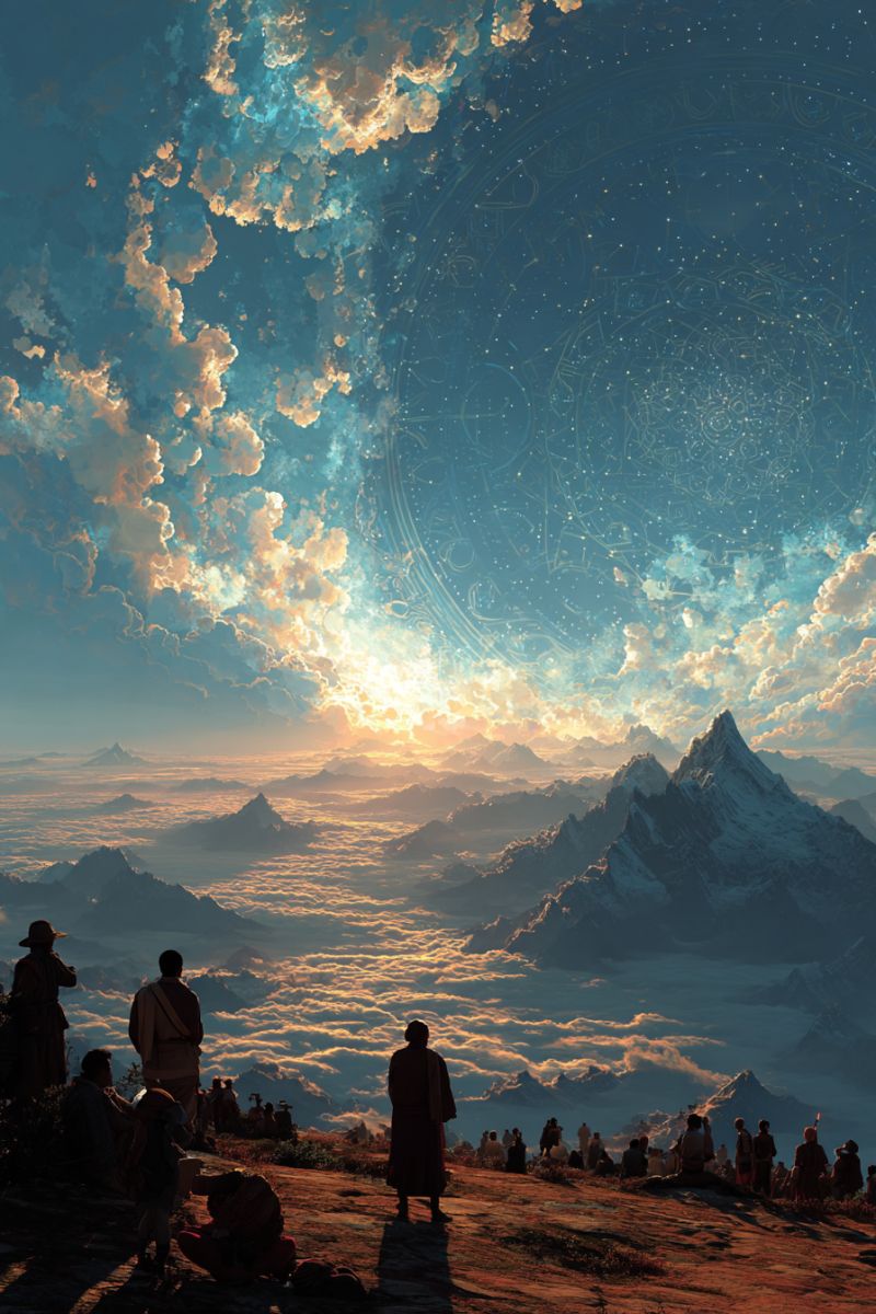 Mountains sky clouds sun people horizon sunset nature hill rock shadow group gathering meditation zen tranquility A group of people dressed in traditional clothing are gathered on a rocky mountaintop, gazing upwards at a breathtaking sunset. The sky is a mix of deep blues and warm oranges, with clouds scattered across it. In the distance, majestic mountains are partially covered in clouds, creating a serene and awe-inspiring landscape. The scene is set against a back of a vast, open sky filled with stars and celestial patterns.