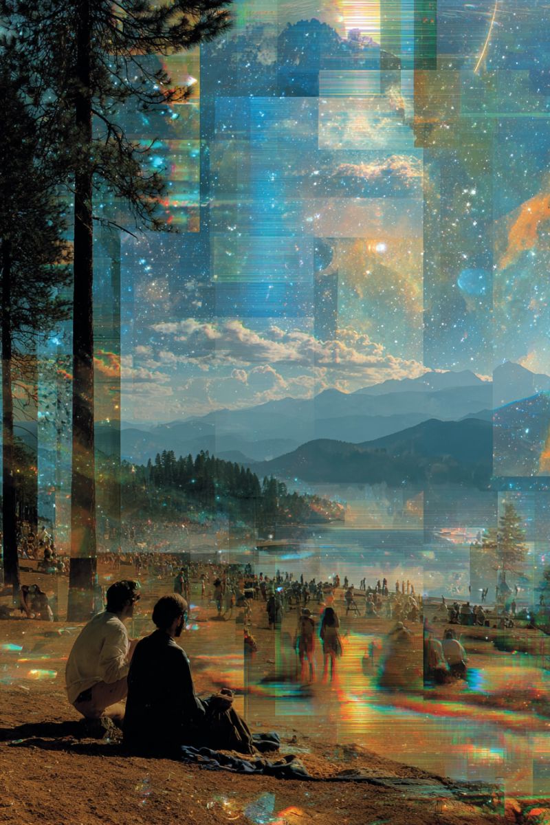 People sitting beach lake mountains sky stars night reflection trees forest camping outdoors nature colorful surreal landscape with a beach scene in the foreground. Two people are sitting on the sand, one wearing a white shirt and the other in a dark jacket. They are looking towards the horizon. Behind them, there is a large, abstract collage of images. The collage includes a beach with many people, a mountain range, and a starry night sky. The sky is filled with stars and a bright, glowing object that resembles a comet. The beach scene is vibrant with people walking and sitting, and the mountains are in the background, with a lake or sea in front of them. The overall effect is dreamlike and otherworldly.