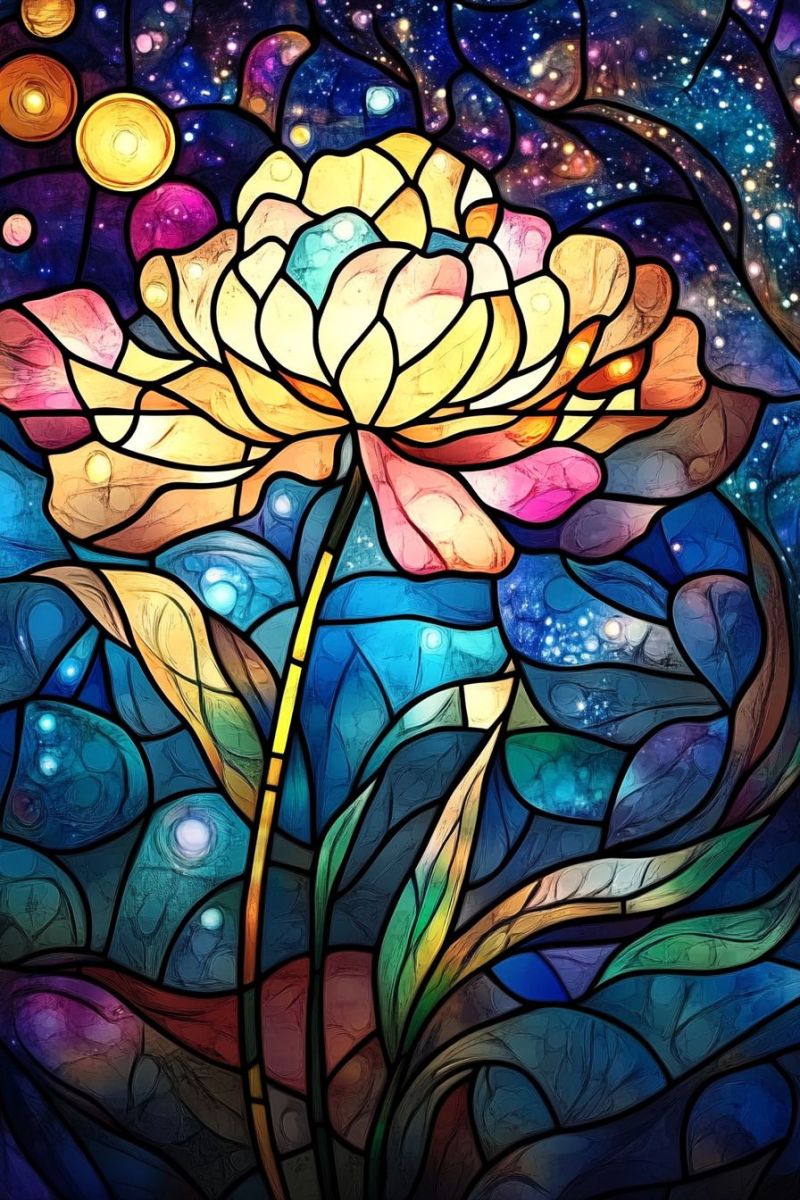 Stained glass colorful intricate design bouquet vase water blue flowers petals green stem plant window craftsmanship painting fine decorative stained glass window that is richly detailed and colorful. The window depicts a large, vibrant flower in the center, with its petals radiating outward from a central point. Surrounding the flower are what appear to be stylized water droplets or bubbles, giving a sense of movement or life. The background is dark and provides a stark contrast to the bright colors of the flower and the water elements. It appears to have a starry night sky theme with small, colorful stars scattered throughout. The top of the window shows additional stars and nebulous cloud-like formations, adding depth and dimension to the piece. The bottom part of the window features what looks like grass or foliage on either side of the flower, grounding the scene. The image itself has a slightly blurred quality which gives it an artistic and ethereal feel. There is no text visible within the stained glass itself.